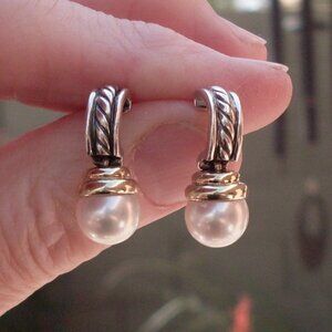 Retired David Yurman Hampton Pearl Dangle Earrings - 14K/925 - DY Backs